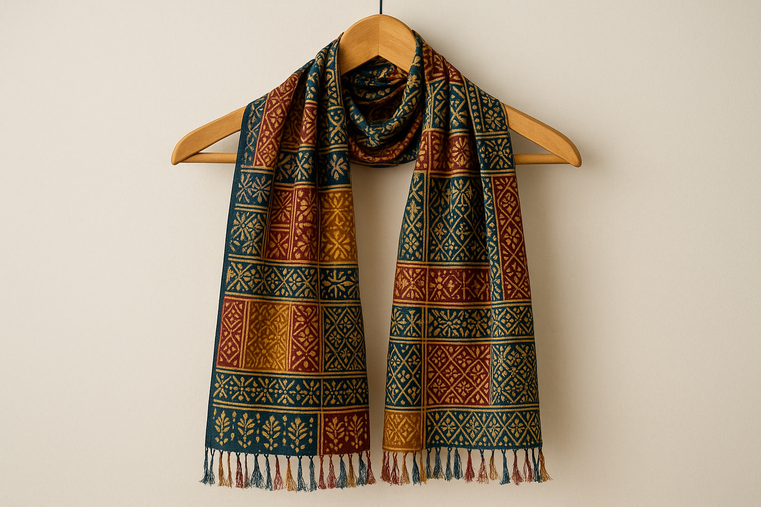 Stole multicolored and block printed on a hanger